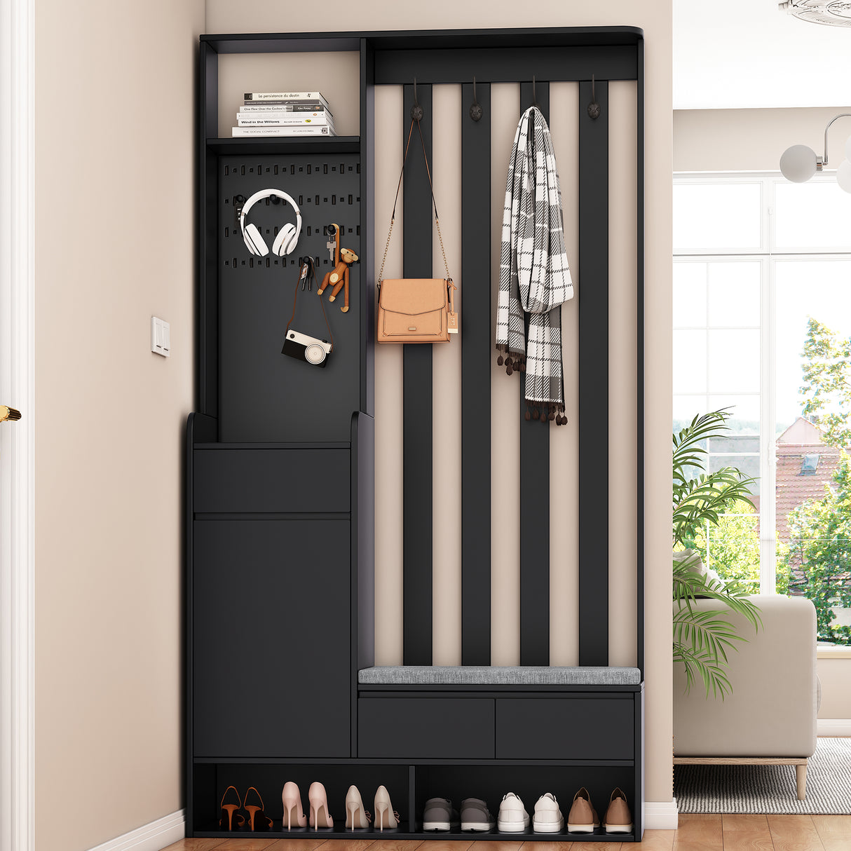 39.3'W70.8'H multifunctional corridor shoe cabinet with soft padded nail board and black hanger with entrance hook - V.I.P Digital Presence