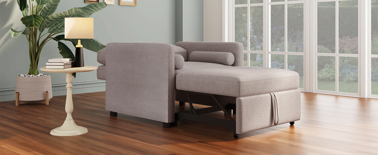 3 in 1 Convertible Sleeper Chair with Adjustable Backrest, Lounger Chair Turns Into Bed, Single Bed for Living Room, Linen, Tan - V.I.P Digital Presence