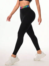 Letter Printed High Waist Active Leggings - V.I.P Digital Presence