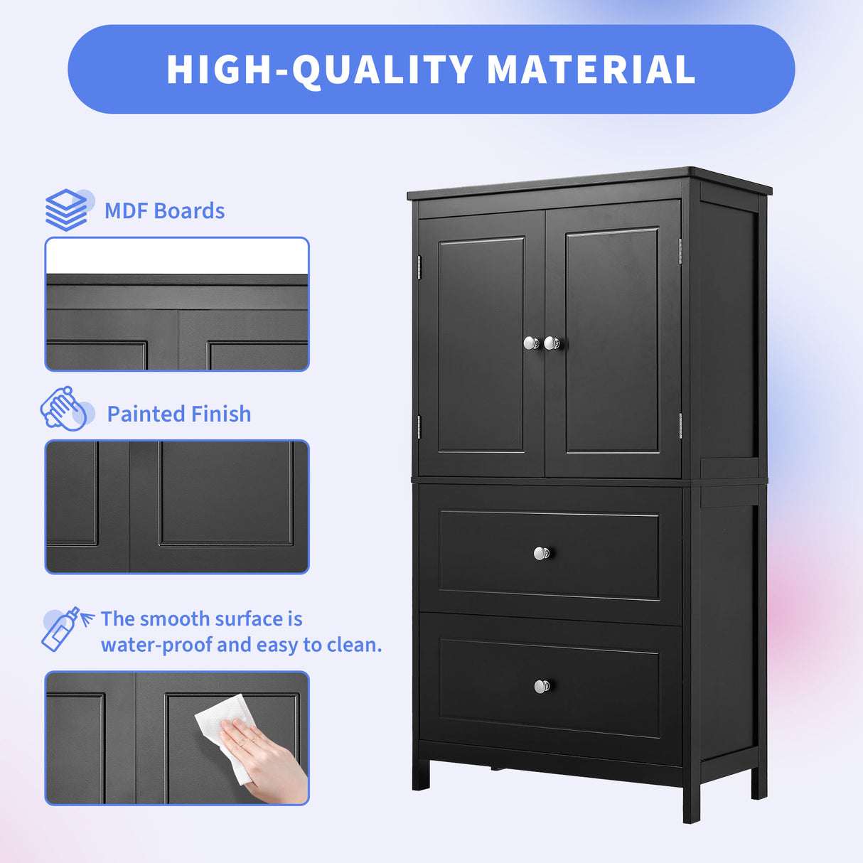 Bathroom Storage Cabinet, Cabinet with Two Doors and Drawers, Adjustable Shelf, MDF Board, Black - V.I.P Digital Presence