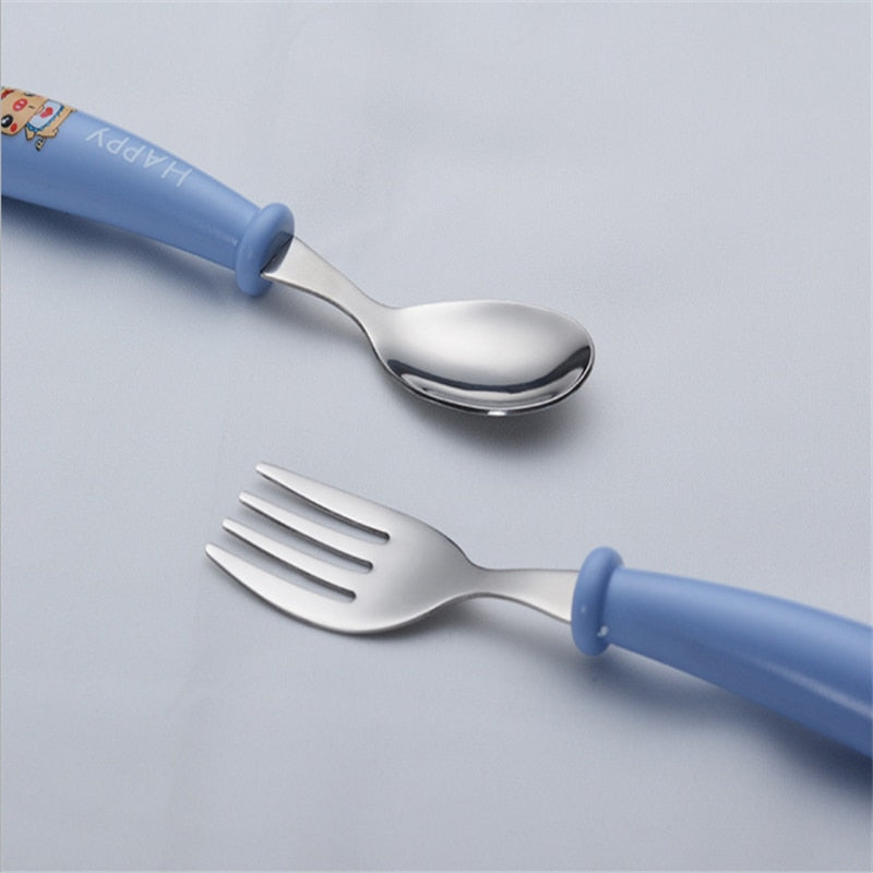 Juego de vajilla para bebés, utensilios para niños, vajilla de acero inoxidable para niños pequeños, cubiertos con dibujos animados, cuchara y tenedor para alimentar a bebés.