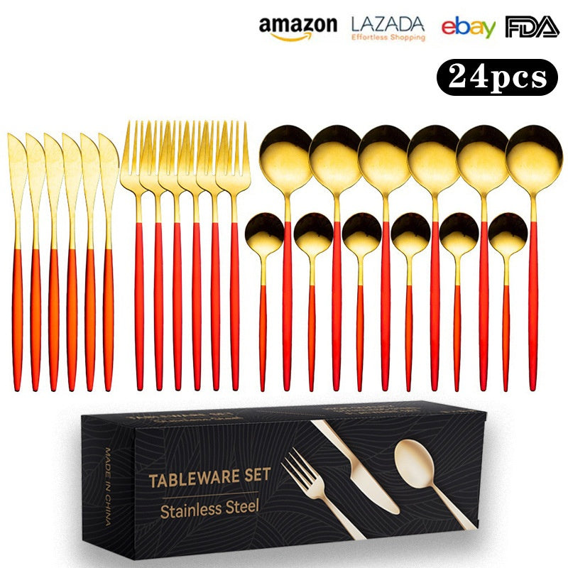 Cutlery Set Stainless Steel Knife Fork Set 24-Piece Tableware Set Golden Steak Knife Fork Spoon 6-Person Set - V.I.P Digital Presence