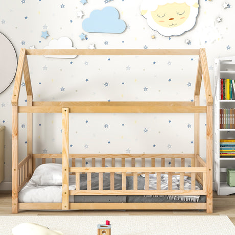 Twin Size Floor Wooden Bed with House Roof Frame, Fence Guardrails - V.I.P Digital Presence