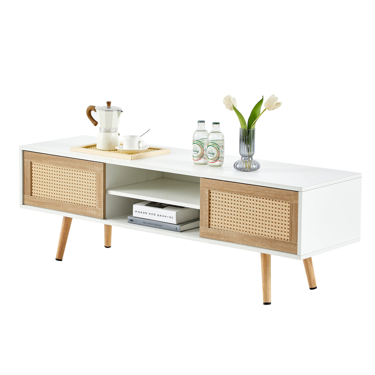 55.12" Rattan TV cabinet double sliding doors for storage adjustable shelf solid wood legs TV console for living room  White - V.I.P Digital Presence