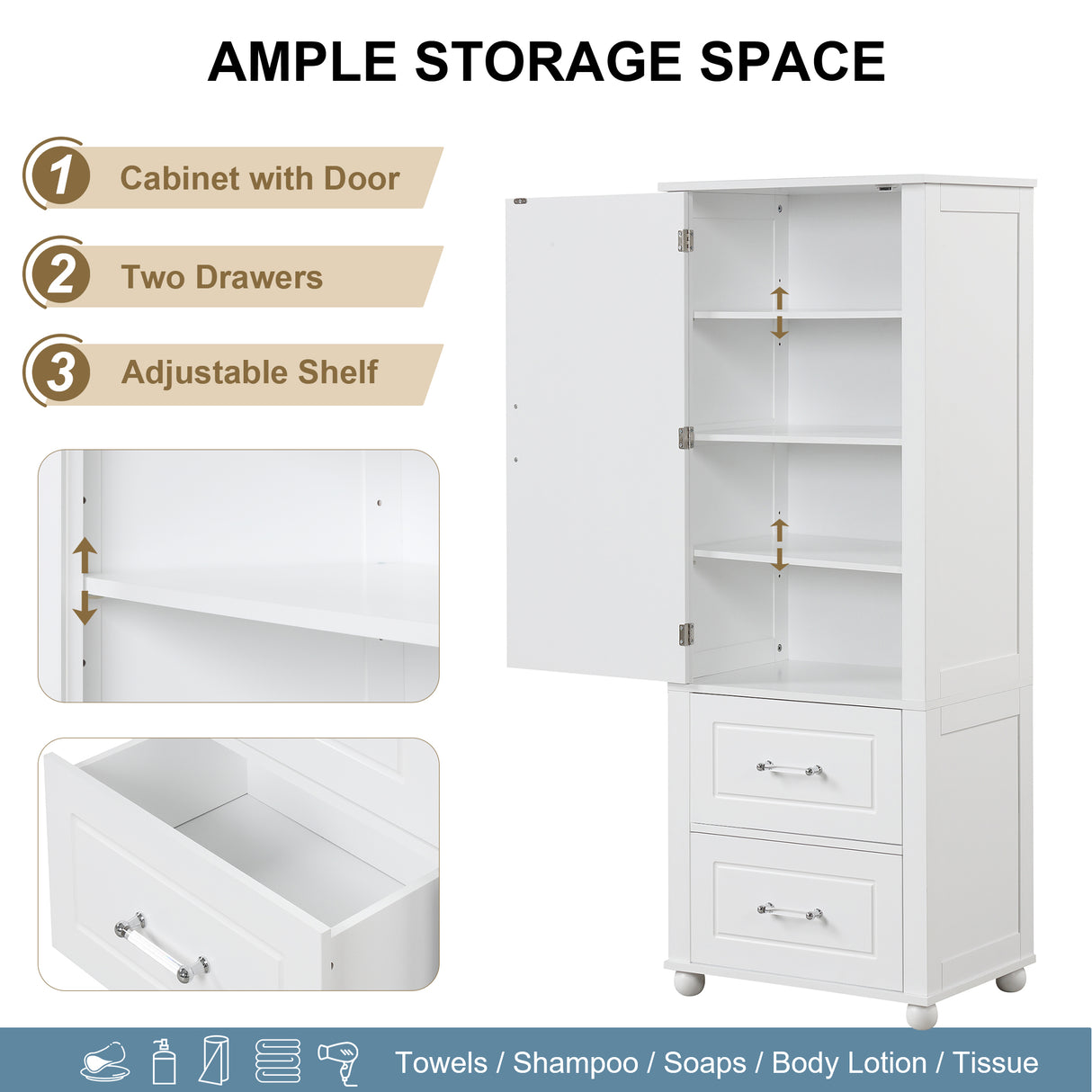 Tall bathroom storage cabinet with two drawers and adjustable shelves for independent storage - V.I.P Digital Presence