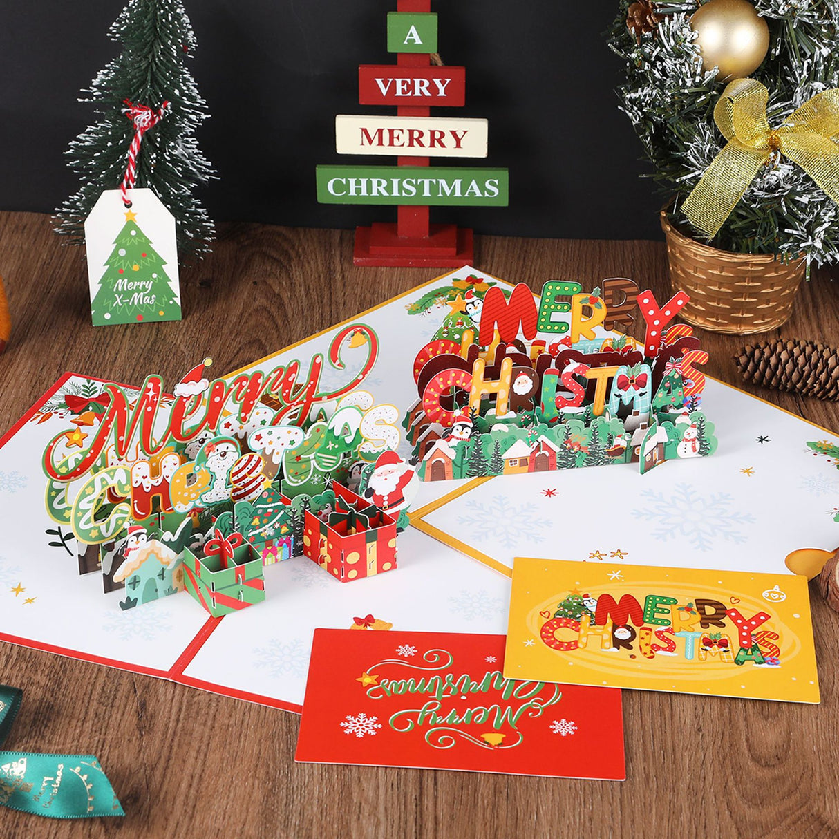 Christmas 3D greeting card, Christmas tree, little penguin cartoon, cute paper carving, handwritten message greeting card - V.I.P Digital Presence