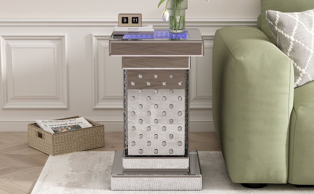 U-Can 11.8-inch silver square mirror coffee table with LED lights, modern crystal inlaid side table, no assembly required - V.I.P Digital Presence