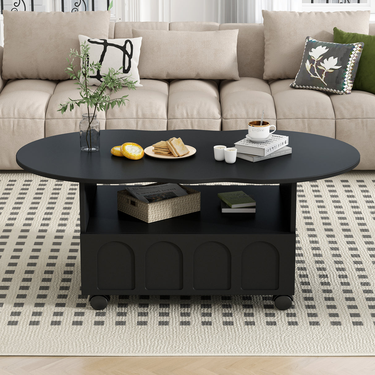 ON-TRANS flexible cream style coffee table with 2 brake wheels, drawers, large storage space,black, 39.37 '' x 23.6 '' - V.I.P Digital Presence