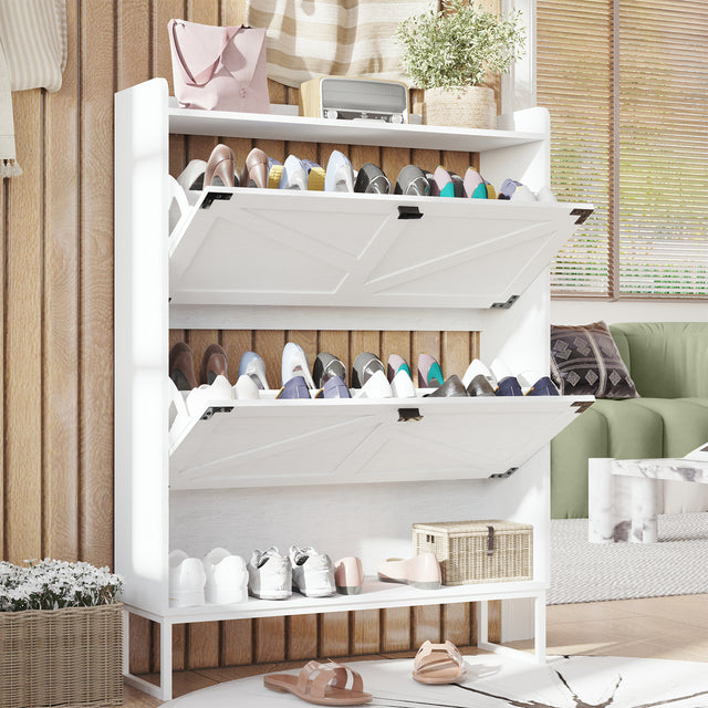 Shoe Cabinet with 2 Flip Drawers,Shoe Storage Cabinet for Entryway,Freestanding Shoe Cabinet Organizer with Open Storage White - V.I.P Digital Presence