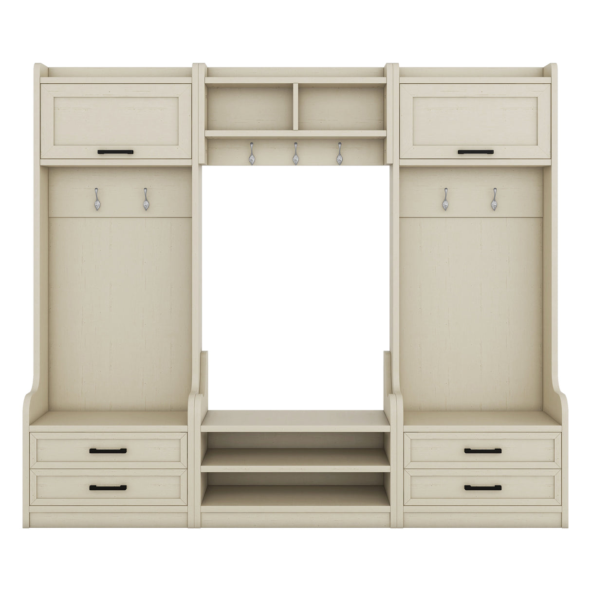 Four in one detachable hall tree with drawers and cabinets, 7 hooks, multifunctional corridor hangers, antique beige shoe stools - V.I.P Digital Presence