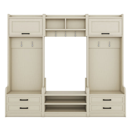 Four in one detachable hall tree with drawers and cabinets, 7 hooks, multifunctional corridor hangers, antique beige shoe stools - V.I.P Digital Presence