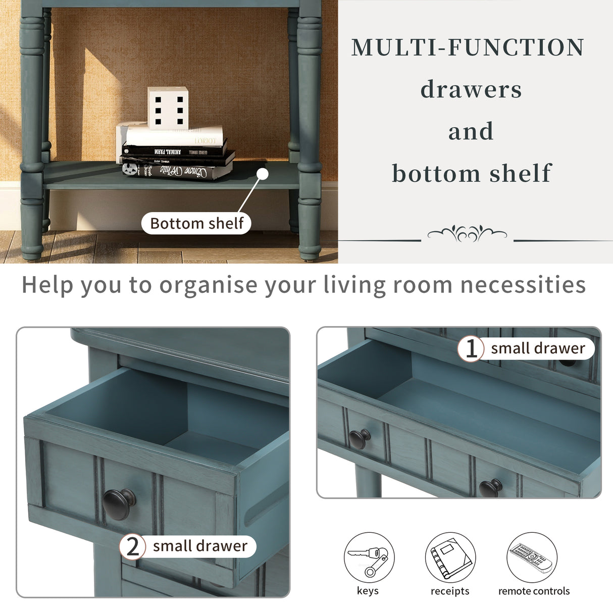 TREXM Narrow Console Table, Slim Sofa Table with Three Storage Drawers and Bottom Shelf for Living Room, Easy Assembly (Navy) - V.I.P Digital Presence