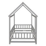 Twin Size Floor Wooden Bed with House Roof Frame, Fence Guardrails,Grey - V.I.P Digital Presence