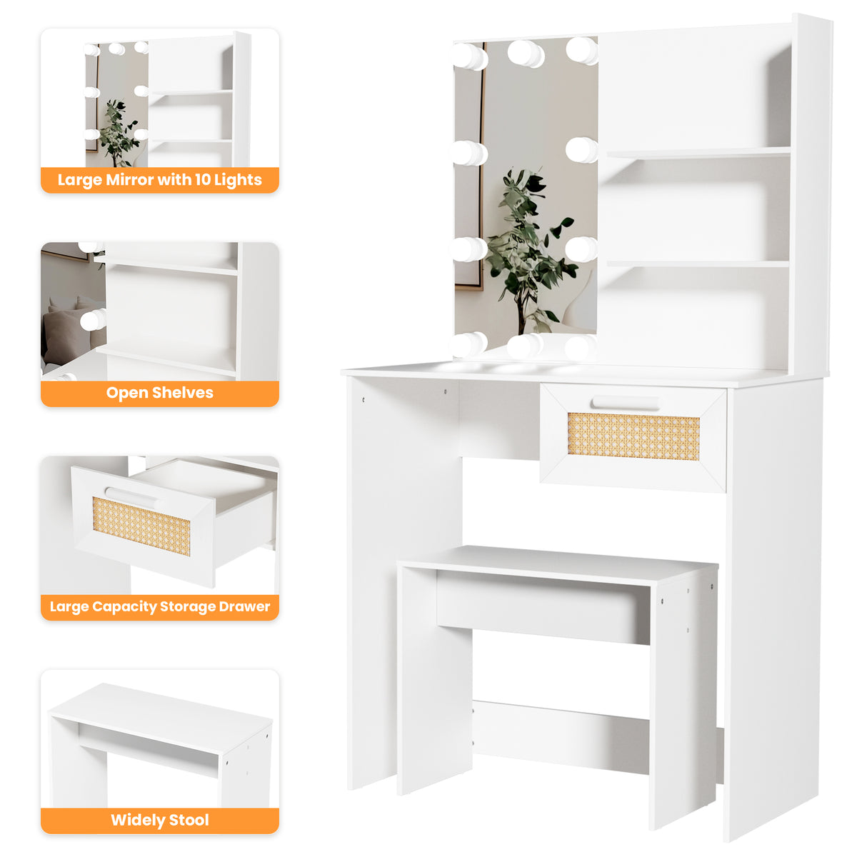 Vanity Desk Set Stool & Dressing Table with LED Lighting Mirror Drawer and Wood Cosmetic Table Chest of Drawers White Color - V.I.P Digital Presence