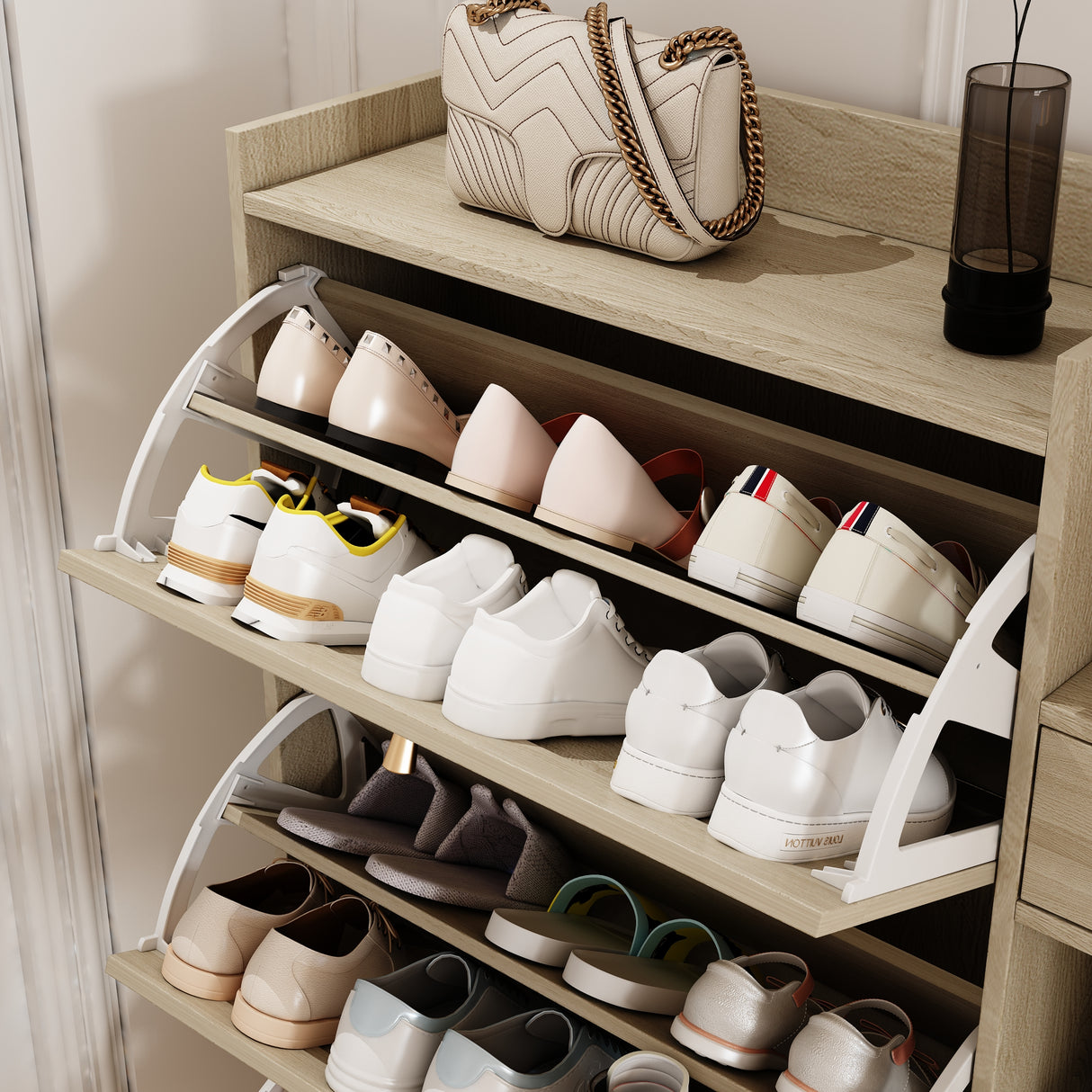 Natural Bohemian style shoe cabinet with 3 rattan flip drawers, 3 square shelves, and 1 storage drawer,  Natural - V.I.P Digital Presence