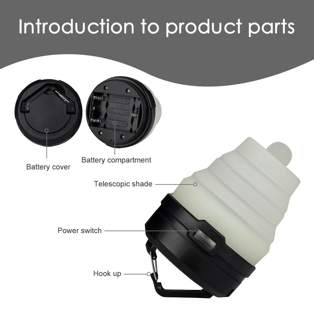 Linterna LED retráctil para acampar, portátil, con 4 modos, mini gancho para colgar en tienda de campaña, linterna de emergencia para exteriores.