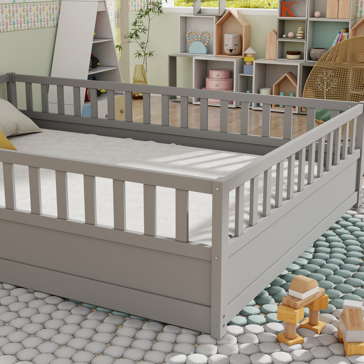 Full size floor bed, children's floor bed frame, Montessori wood floor bed, support Flat noodles gray - V.I.P Digital Presence
