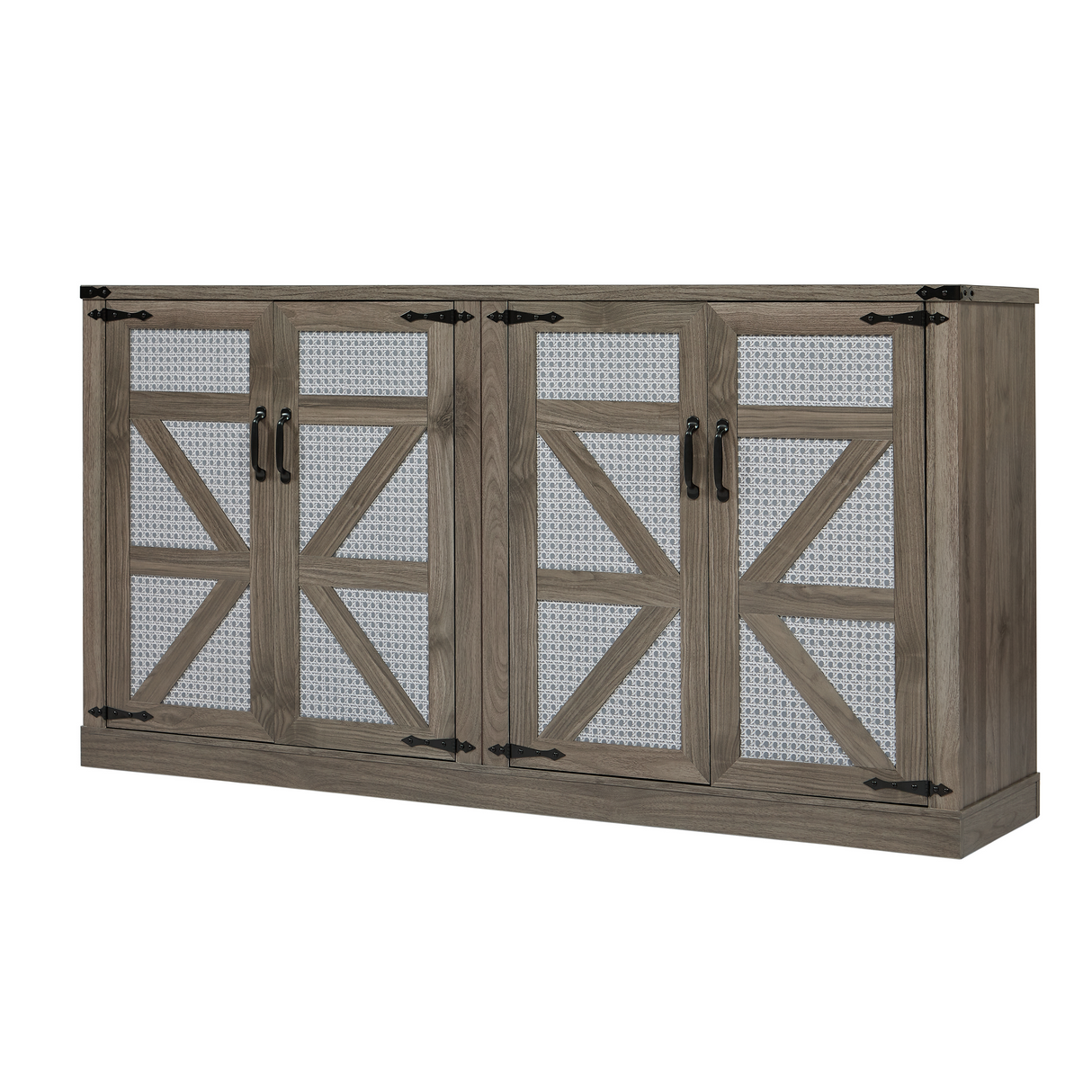 65-Inch Slate Gray Faux Rattan Sideboard with Barn Doors Rustic Sideboard, 4-Door Storage for Living Room, Entryway, Bedroom - V.I.P Digital Presence