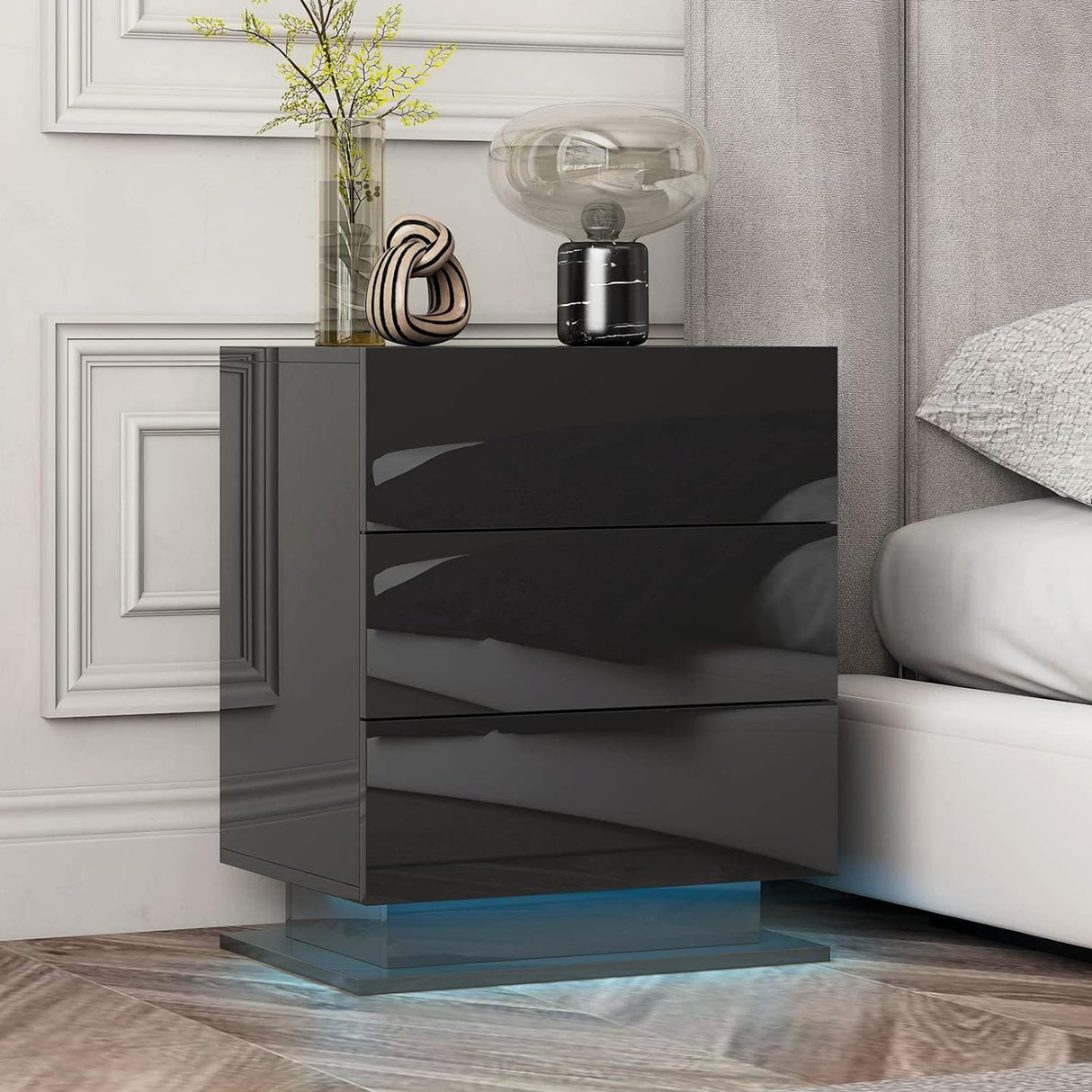 Nightstand with 3 Storage Drawers,Led Lights, End Table for Bedroom Furniture - V.I.P Digital Presence