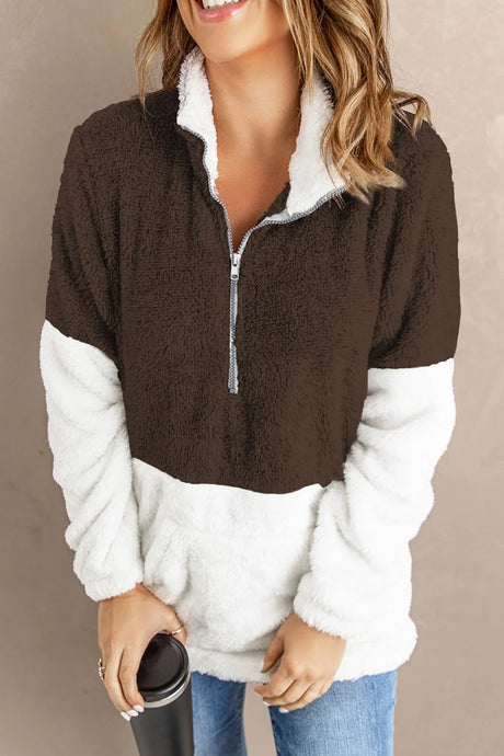 Color Block Half Zip Long Sleeve Fuzzy Sweatshirt - V.I.P Digital Presence