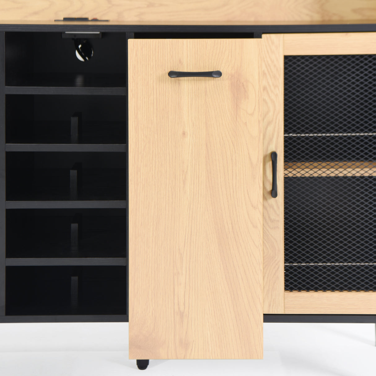 59 "H buffet side cabinet with storage door and power outlet, coffee bar cabinet with wine rack, black and natural colors - V.I.P Digital Presence