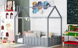 {Slats are not included}Twin Size Wood Bed House Bed Frame with Fence for Kids Teens Girls Boys {Gray}