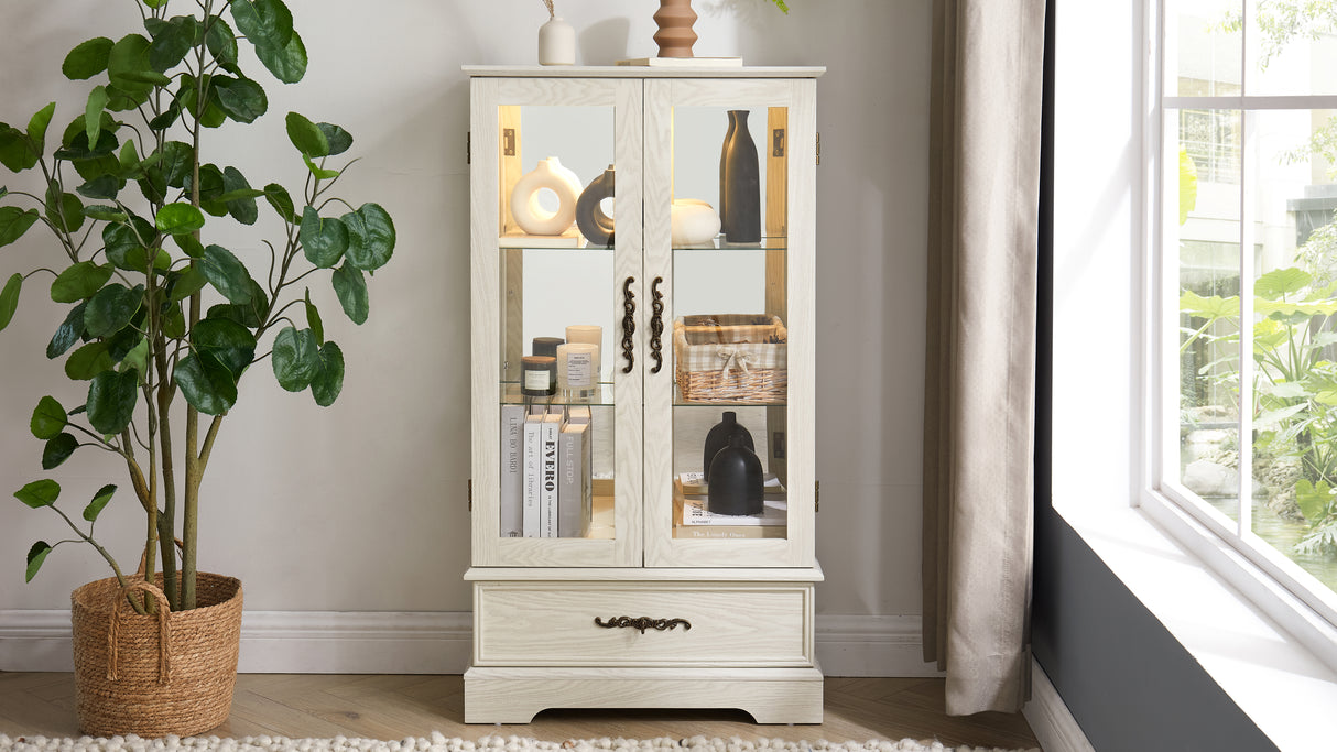 Light colored glass cabinet Curio display cabinet with adjustable glass frame, 2 doors and 1 drawer, including white light bulbs - V.I.P Digital Presence