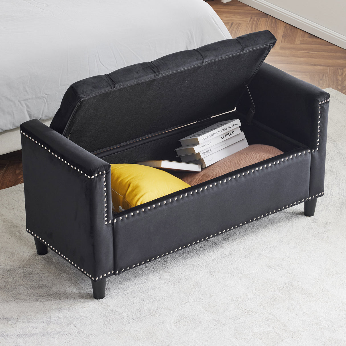Storage Bench, 44.5-Inch Queen Velvet Button Bedside Bench, Entryway Living Room with Armrests, Nailhead Trim  Black - V.I.P Digital Presence
