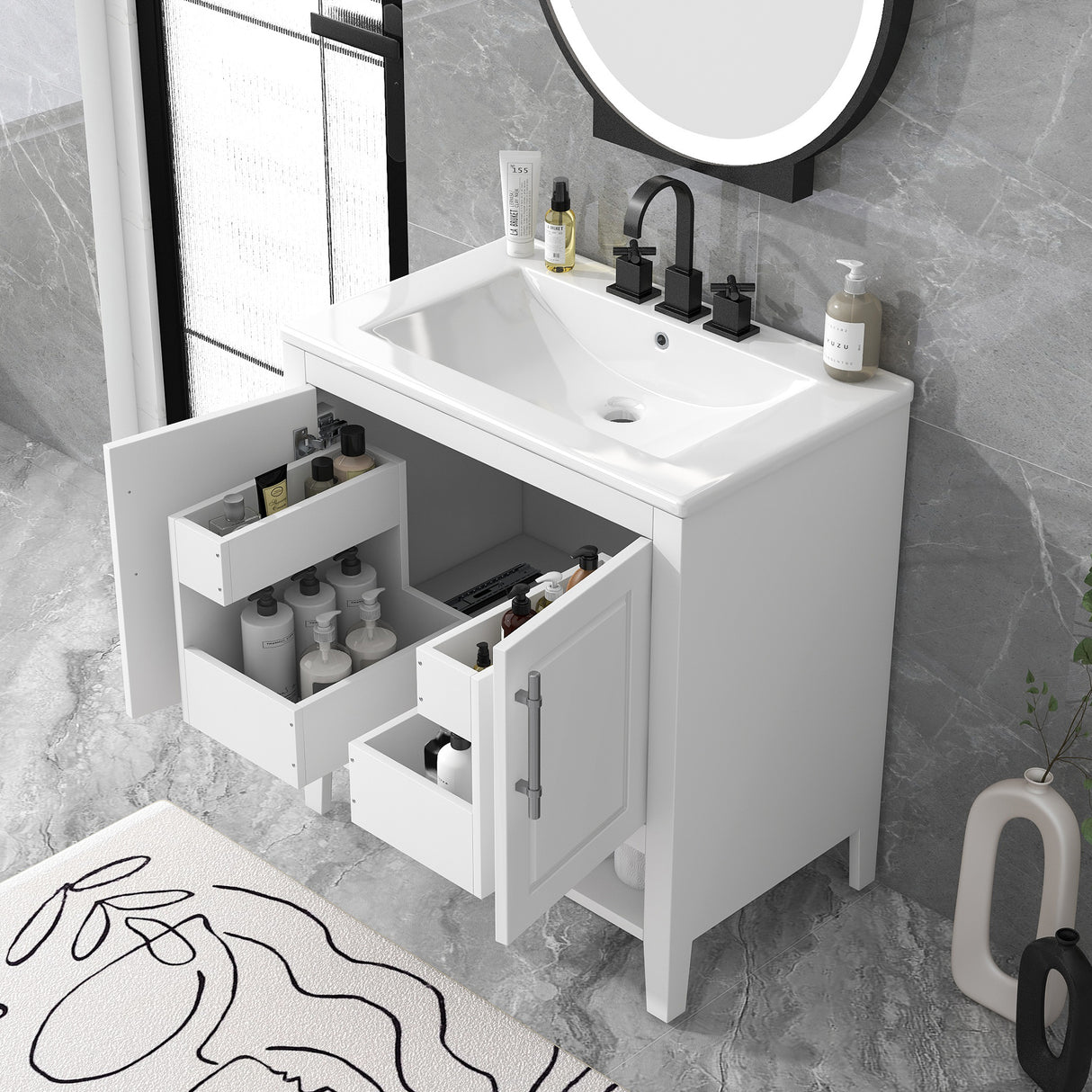30" Bathroom Vanity with Sink  Multi-functional Bathroom Cabinet with Doors and Drawers Solid Frame and MDF Board, White - V.I.P Digital Presence