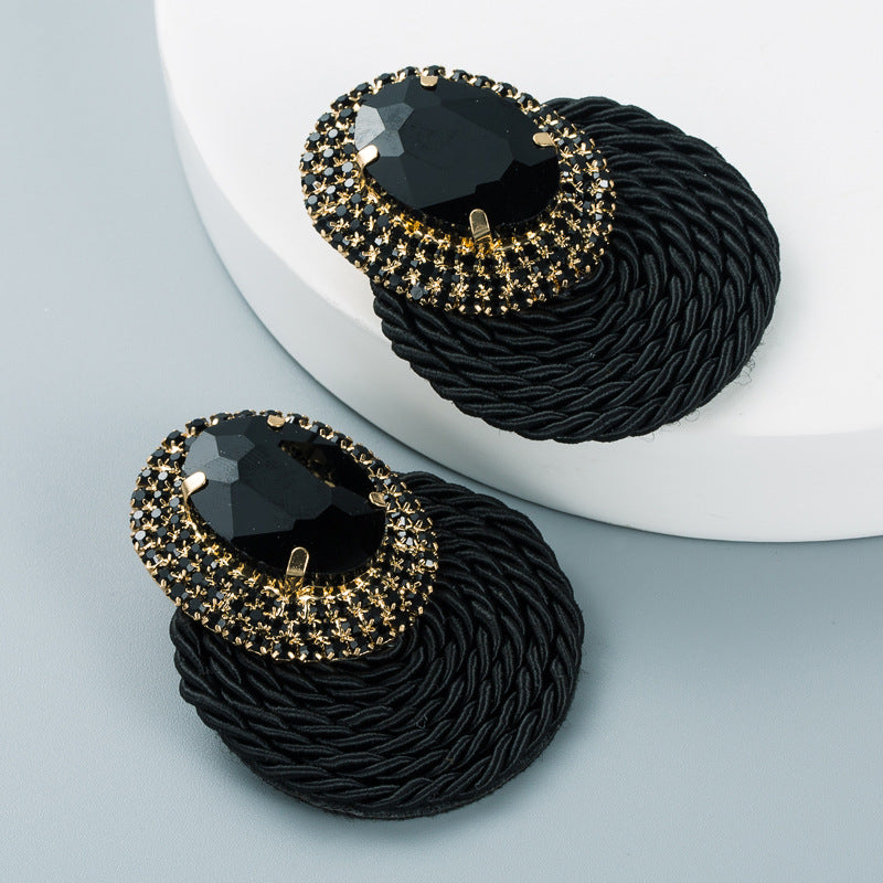 European And American Style Colored Diamond Series Personality Exaggerated Oval Glass Diamond Earrings Handmade Line Braided Earrings - V.I.P Digital Presence