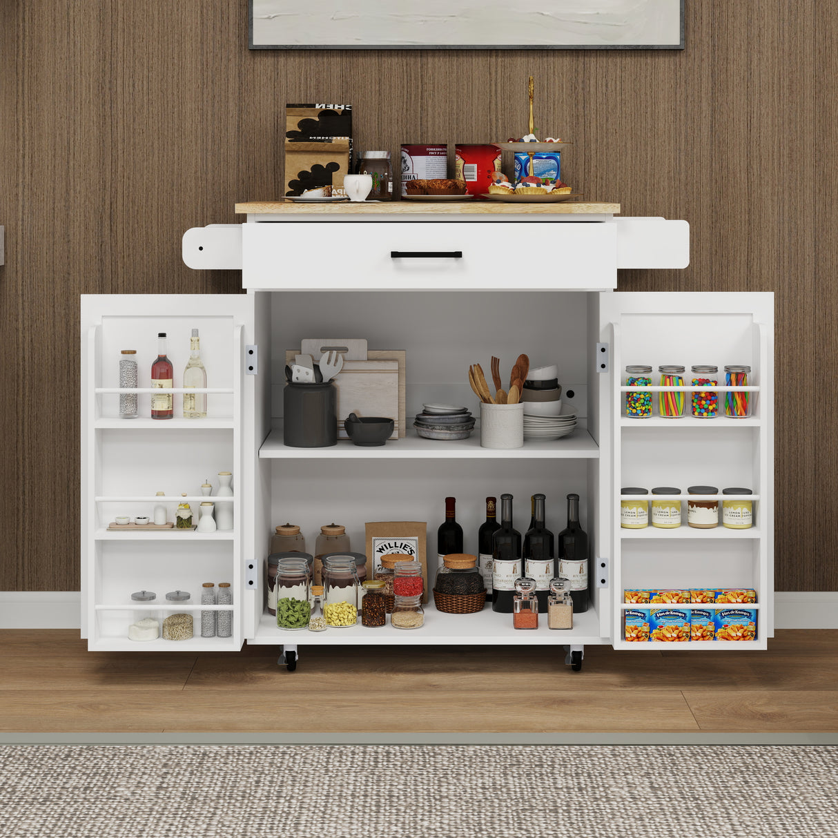 Kitchen island rolling trolley cart with 1 drawer & 2 doors with storage racks & Adjustable Shelves & towel rack - V.I.P Digital Presence