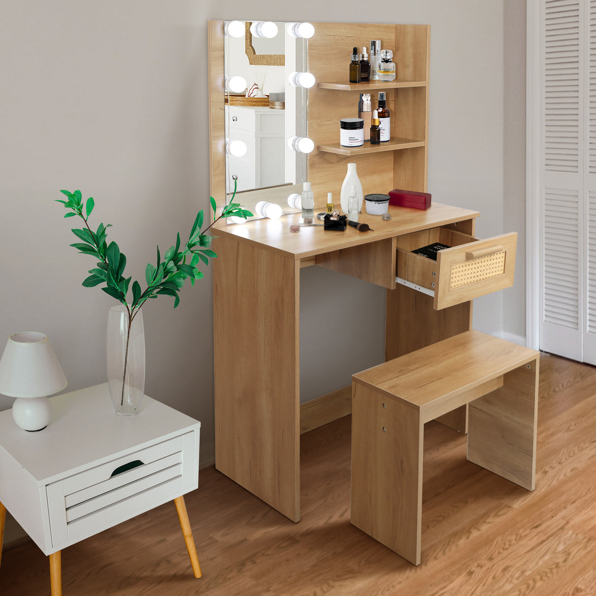Vanity Desk Set Stool & Dressing Table with LED Lighting Mirror Drawer and Wood Cosmetic Table Chest of Drawers Nature Color - V.I.P Digital Presence