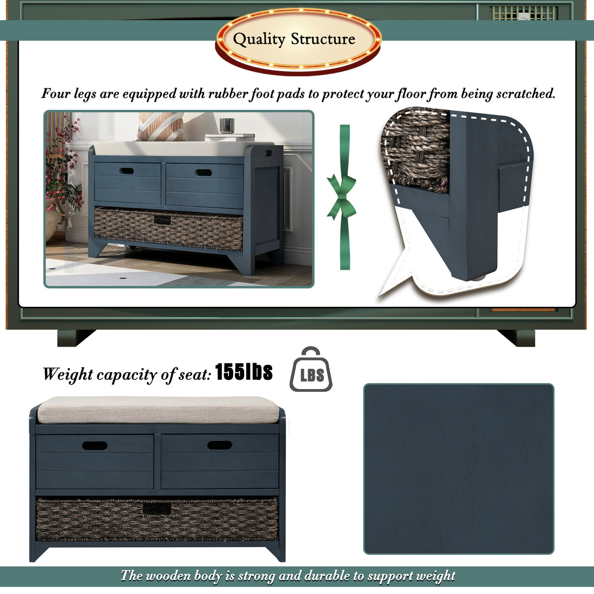TREXM Storage Bench with Removable Basket and 2 Drawers, Fully Assembled Shoe Bench with Removable Cushion (Navy) - V.I.P Digital Presence