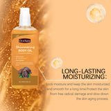 Aceite corporal hidratante brillante que hidrata y nutre el cuerpo. Cuidado diario. Aceite esencial para masaje corporal completo.