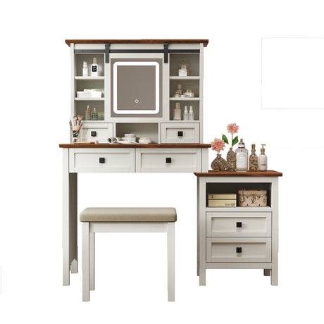 46.5-inch dressing table with adjustable LED lighting mirror and charging station, equipped with soft cushioned stool - V.I.P Digital Presence