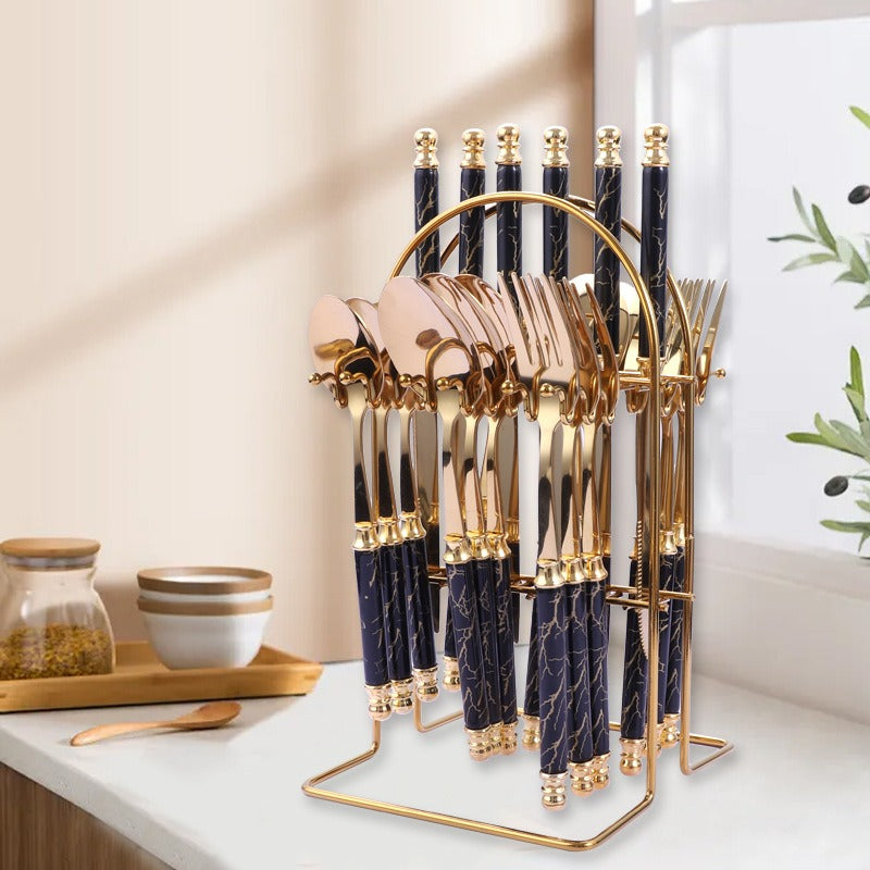410 stainless steel knife, fork, spoon set, European style hotel Western tableware, golden dessert spoon set, 24 pieces - V.I.P Digital Presence