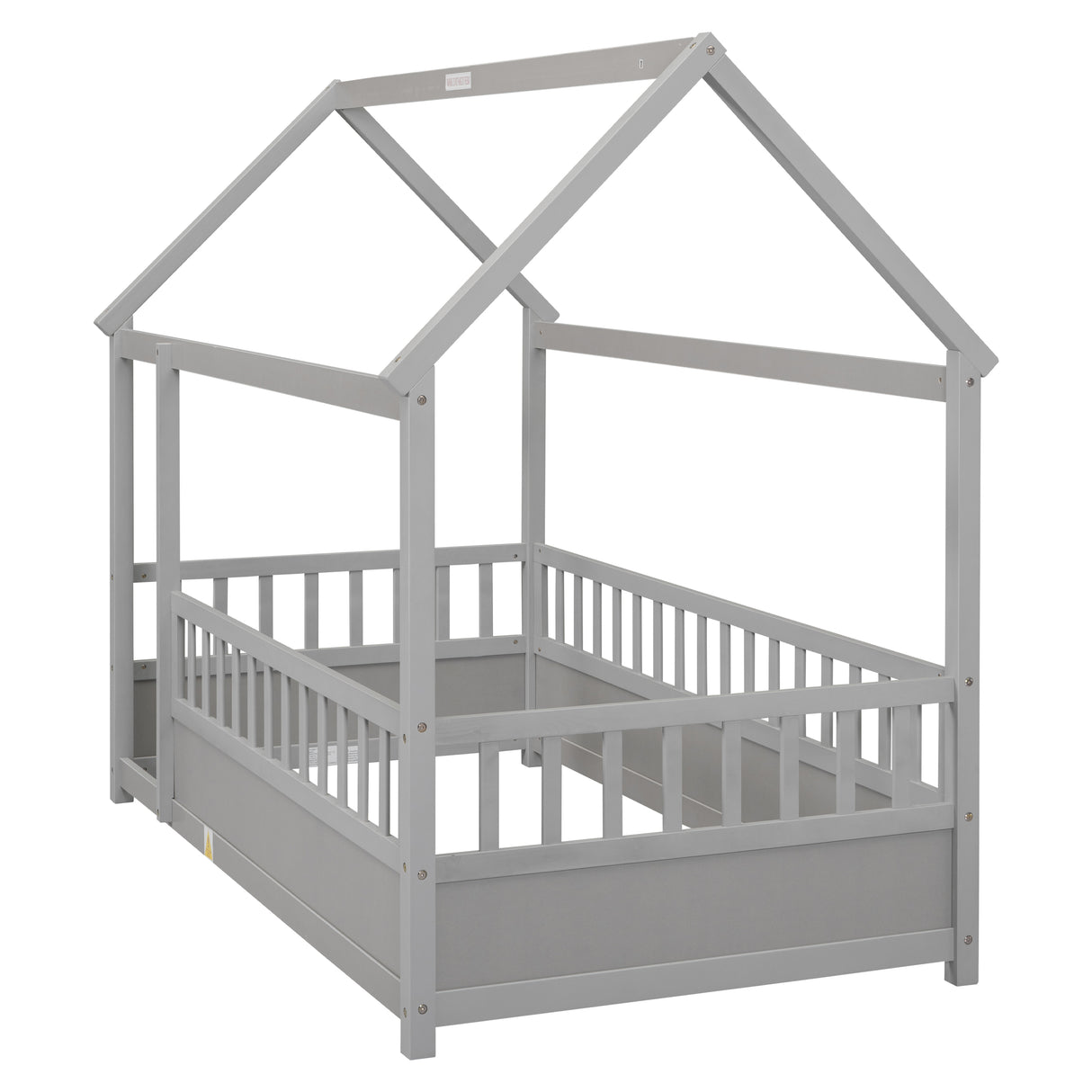 Twin Size Floor Wooden Bed with House Roof Frame Fence Guardrails Grey - V.I.P Digital Presence