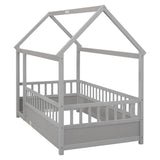 Twin Size Floor Wooden Bed with House Roof Frame Fence Guardrails Grey - V.I.P Digital Presence