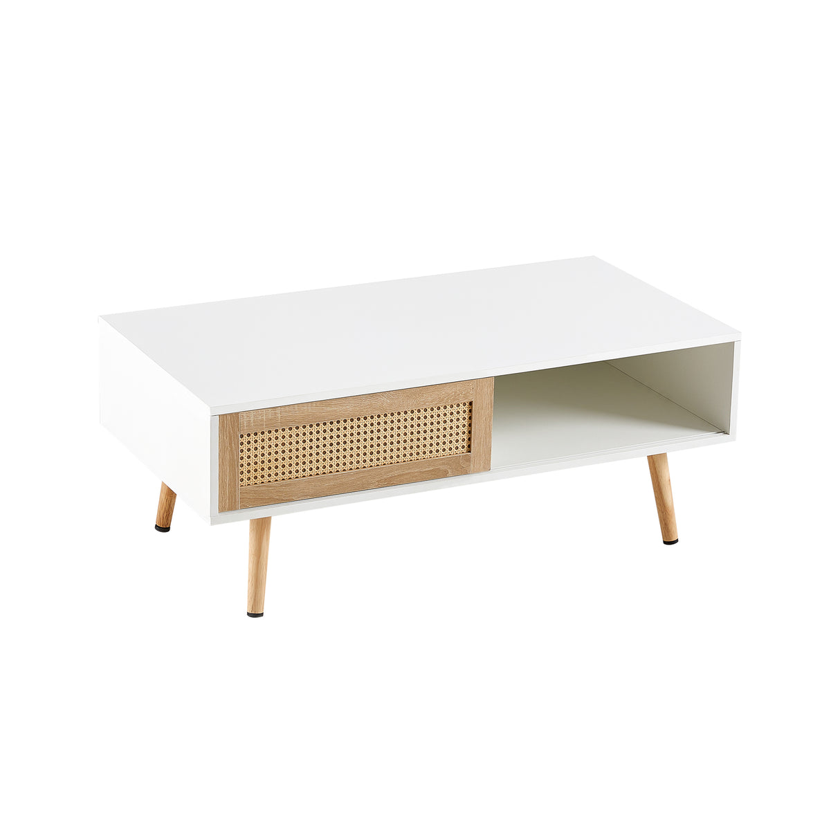 41.34" Rattan Coffee table sliding door for storage solid wood legs White - V.I.P Digital Presence