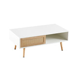41.34" Rattan Coffee table sliding door for storage solid wood legs White - V.I.P Digital Presence