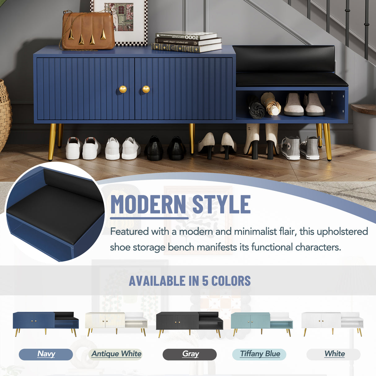 Modern Shoe Storage Bench with Hidden Storage and Upholstered Cushions for Bedside, Living Room and Entryway (Navy) - V.I.P Digital Presence