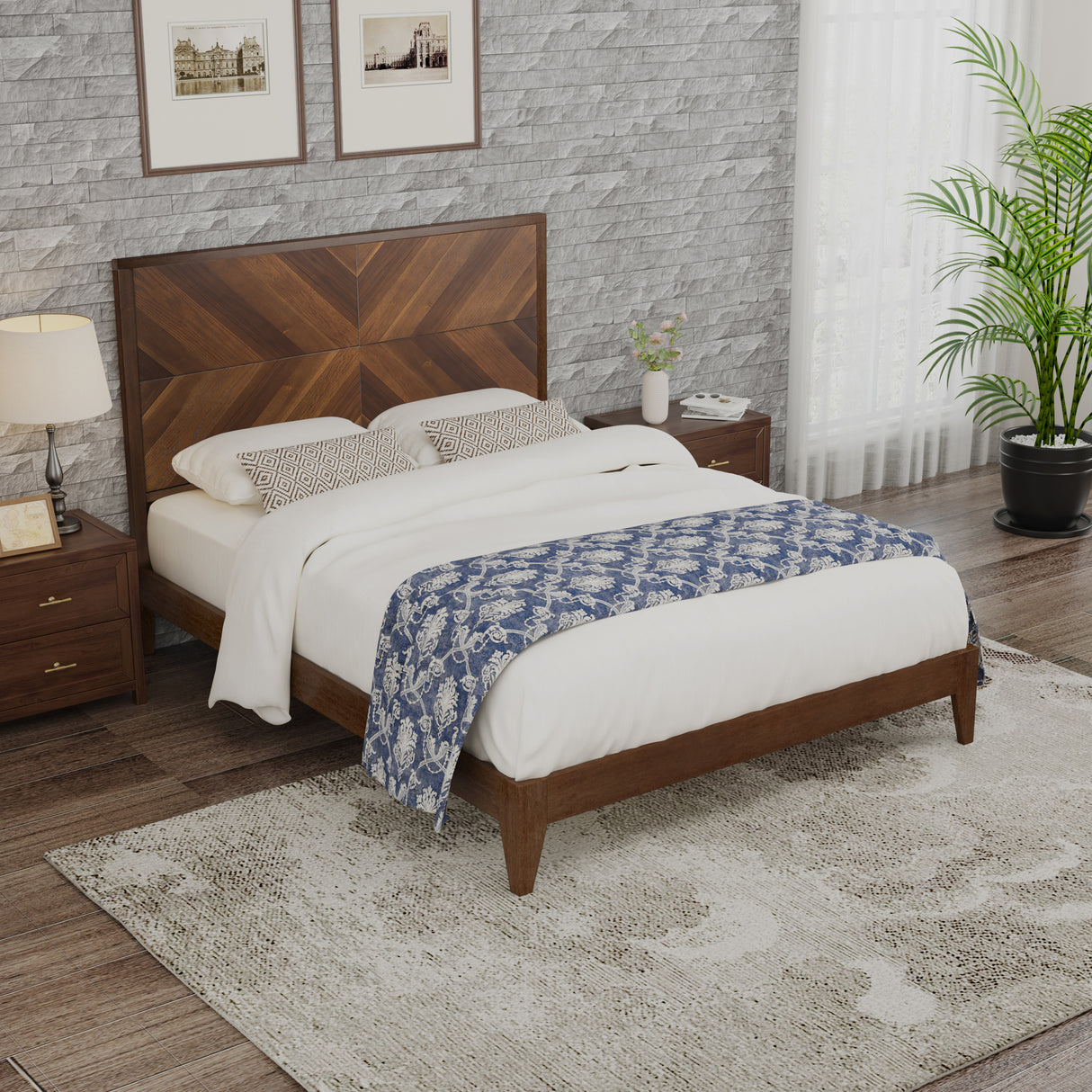 Mid-Century Modern Platform Bed Wood Slat Support with No Box Spring Needed,King Walnut - V.I.P Digital Presence