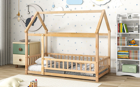 Twin Size Floor Wooden Bed with House Roof Frame, Fence Guardrails - V.I.P Digital Presence