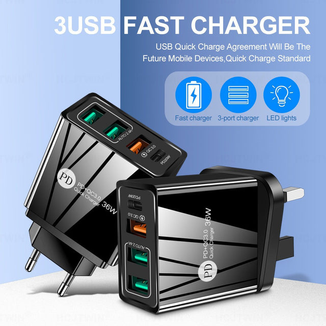 36W PD20W+QC3.0 2.4A dual USB fast charging mobile phone charger 2USB with PD charging head travel charger - V.I.P Digital Presence