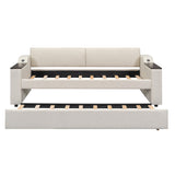 Twin Size Upholstery Daybed with Storage Arms  Trundle and USB Design Beige