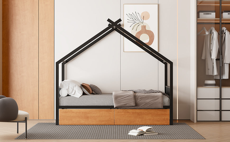 Twin Size Metal House Bed with Two Drawers, Black - V.I.P Digital Presence