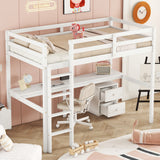 Twin Loft Wood Bed with Under-bed, Built-in Desk, a Storage Cabinet of 2 Drawers, Guardrails, Ladder,White - V.I.P Digital Presence
