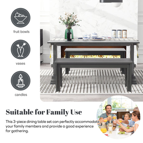 TREXM 3-piece retro cutlery set, rectangular stand table, and 2 wooden stools for 4 people (gray) - V.I.P Digital Presence
