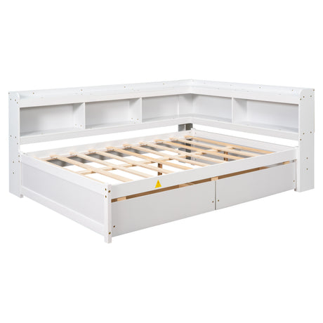 Full Bed with L-shaped Bookcases, Drawers ,White - V.I.P Digital Presence