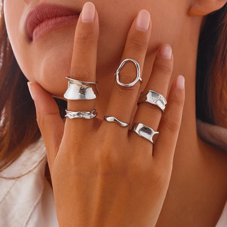 Ingemark 6Pcs/Set Punk Irregular Hollow Folded Metal Cuff Rings for Women Vintage Geometric Adjustable Open Finger Rings Jewelry - V.I.P Digital Presence